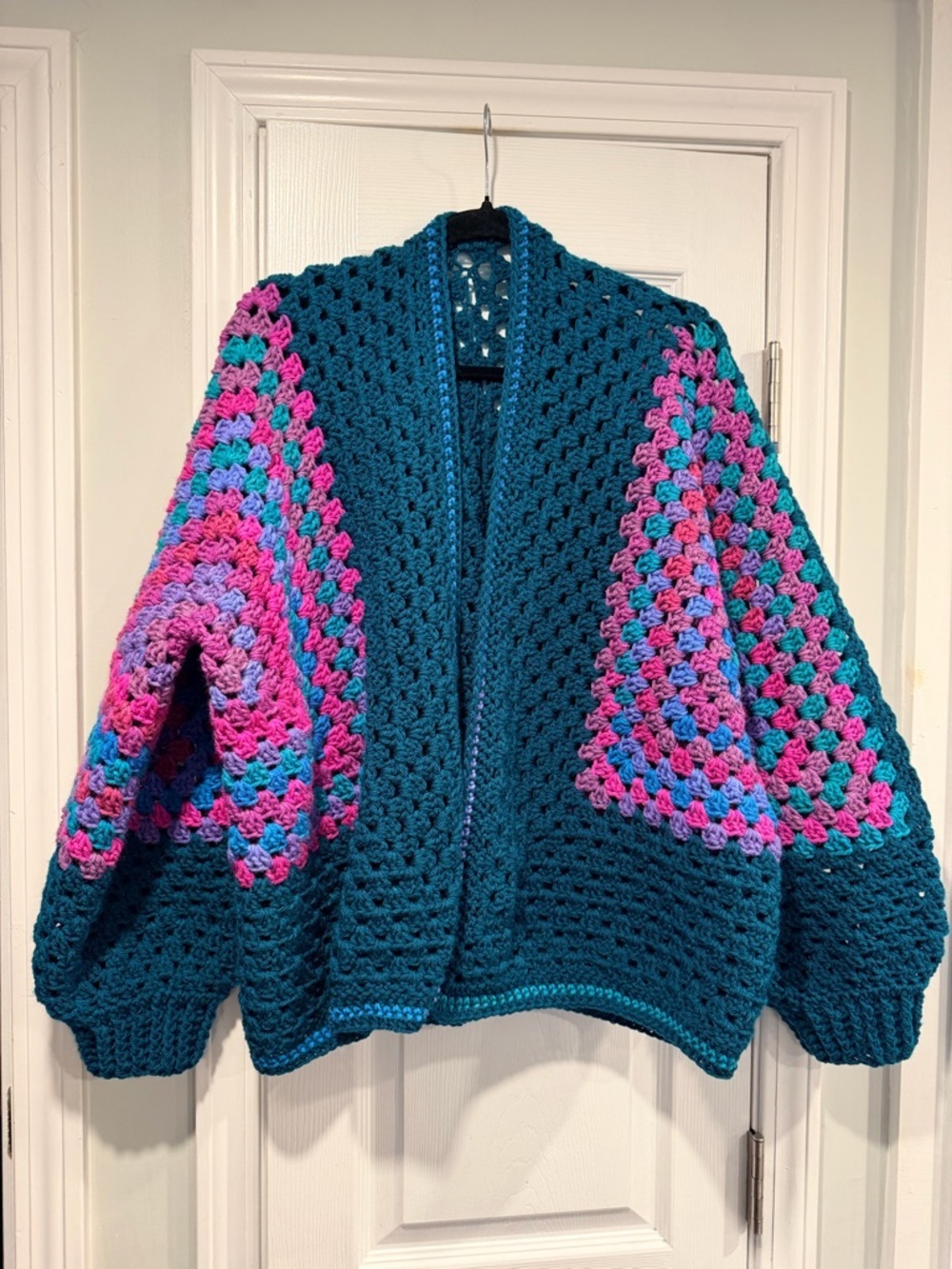 Handmade Crochet Granny Square One Size Cozy Cardigan Boho Chunky Knit Sweater
